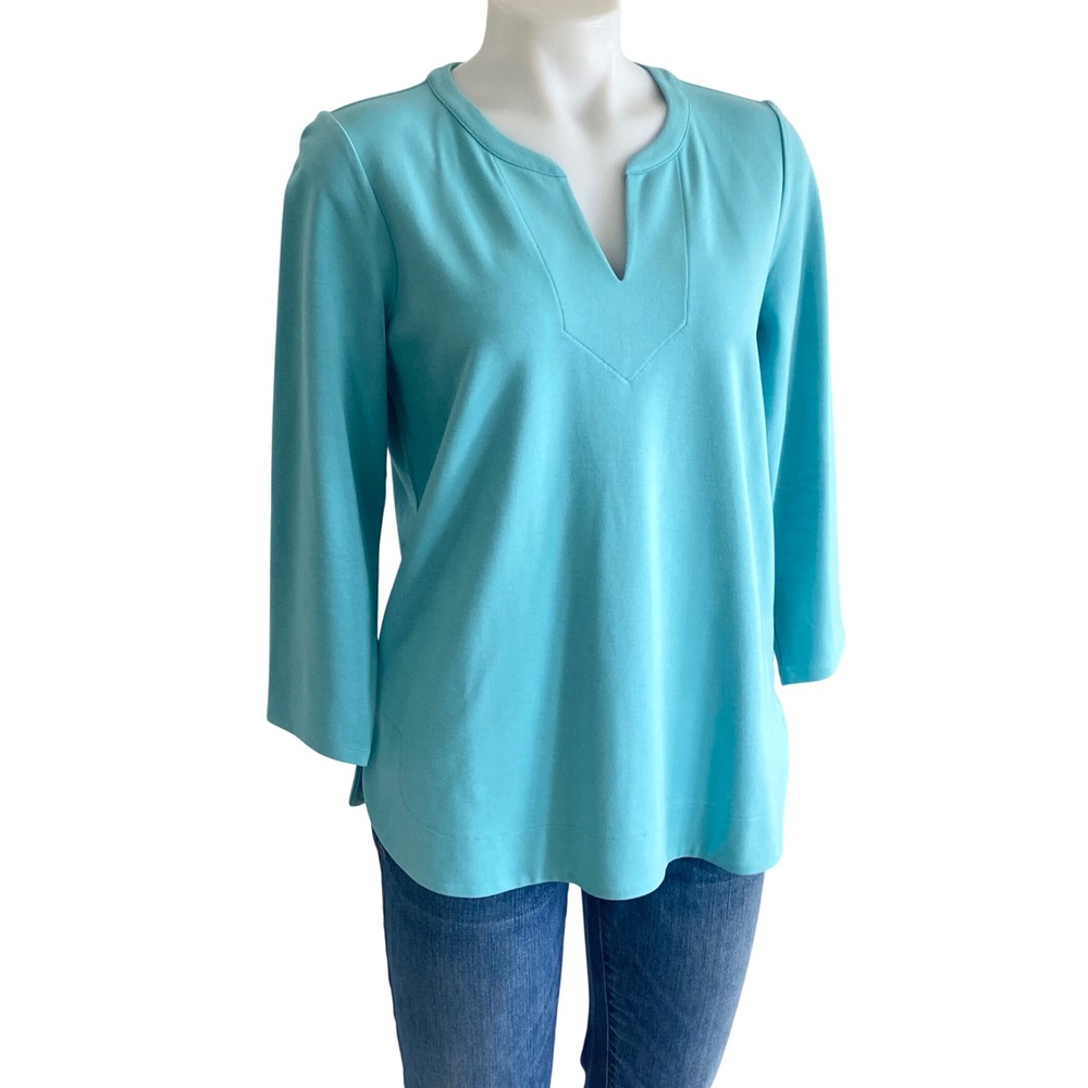 J. Jill Wearever Turquoise Blue Split Neck 3/4 Sleeve Knit Top Small RN 97641